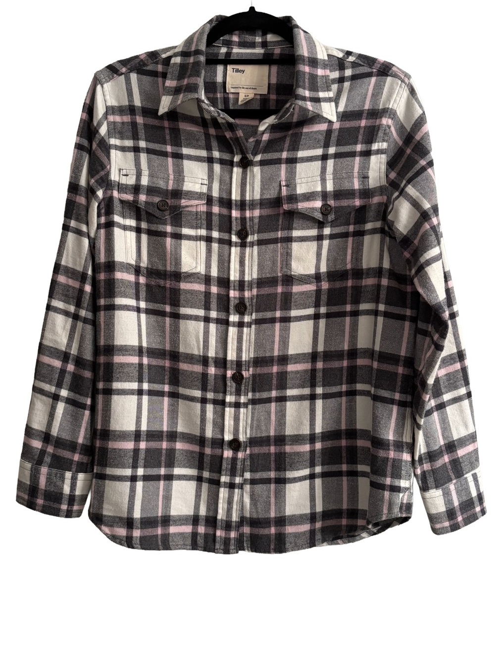 Tilley Women's Plaid Flannel Button Down Shirt - Gray & Pink